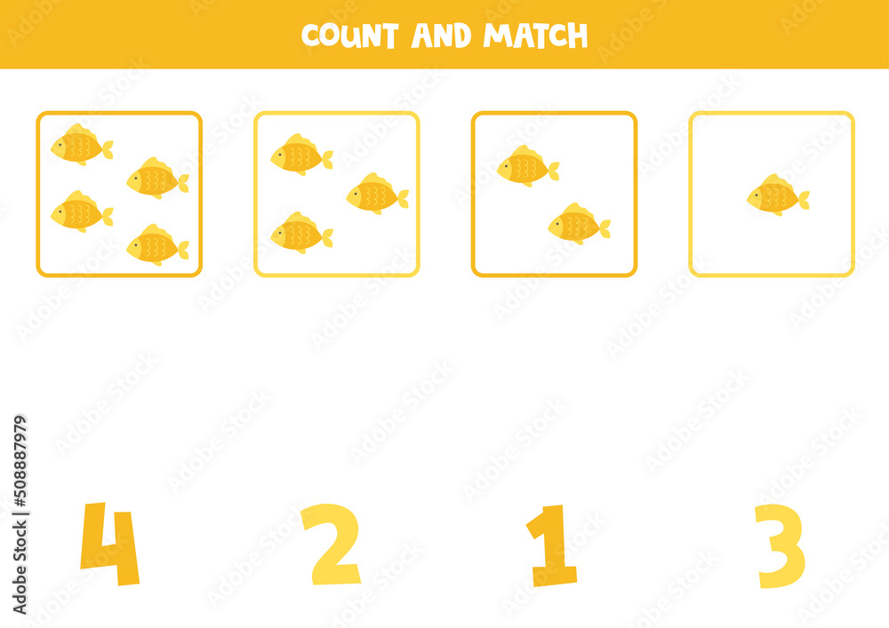 Fototapeta premium Counting game for kids. Count all fish and match with numbers. Worksheet for children.