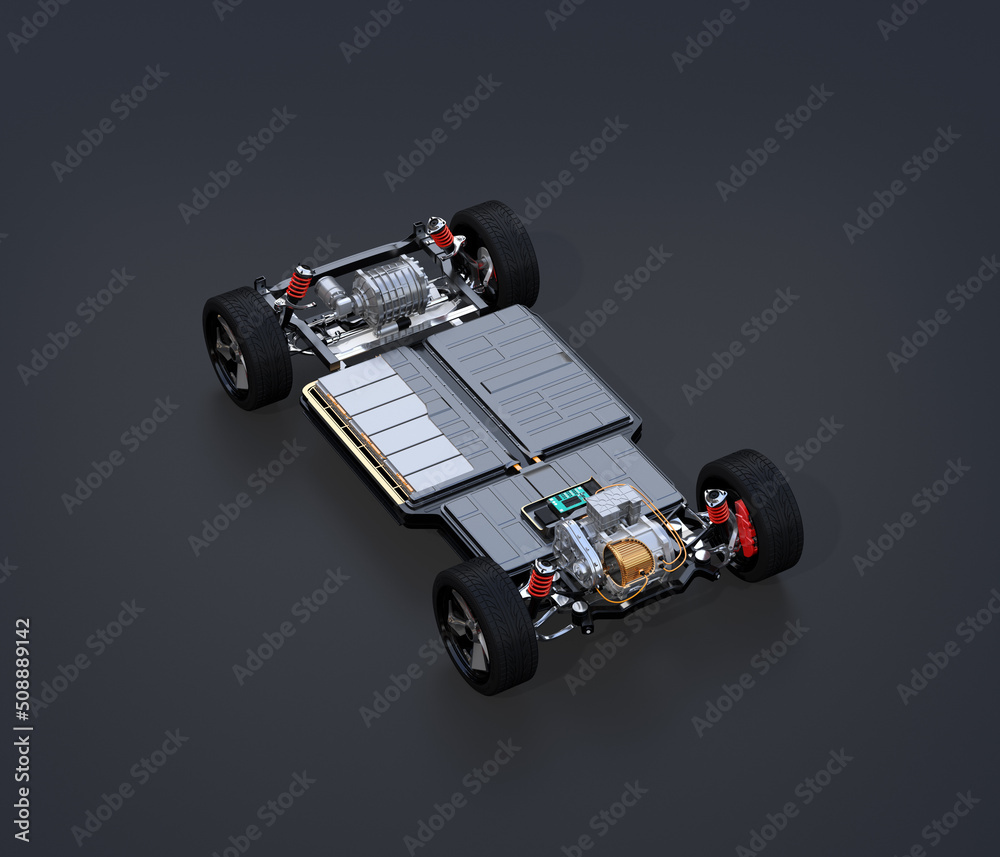 Cutaway view of SUV chassis equiped with electric vehicle battery pack ...