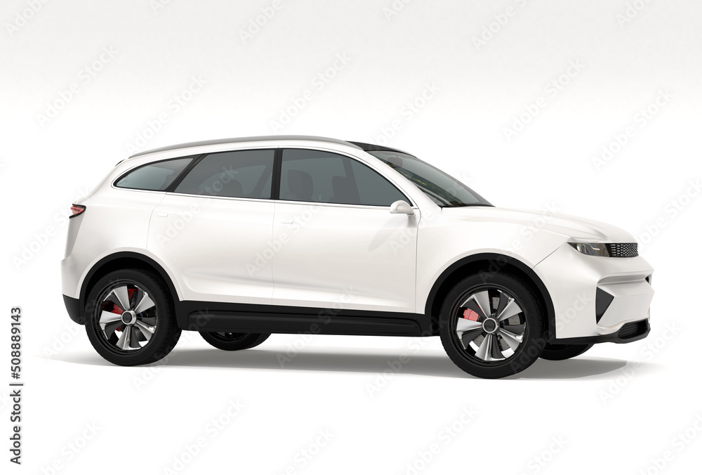Pearl white electric SUV on white background. 3D rendering image.