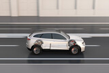 Side view of generic design white electric SUV composited with battery pack chassis driving on the street. 3D rendering image.