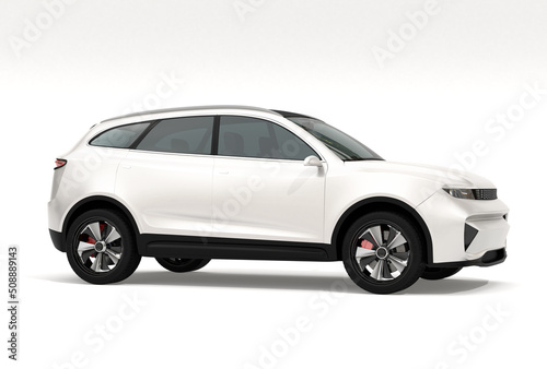 Pearl white electric SUV on white background. 3D rendering image. © chesky