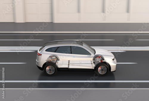 Side view of generic design white electric SUV composited with battery pack chassis driving on the street. 3D rendering image.
