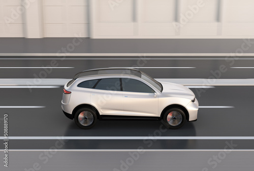 Side view of pearl electric SUV driving on the street. 3D rendering image.
