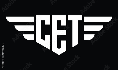 CET three letter logo, creative wings shape logo design vector template. letter mark, wordmark, monogram symbol on black & white.