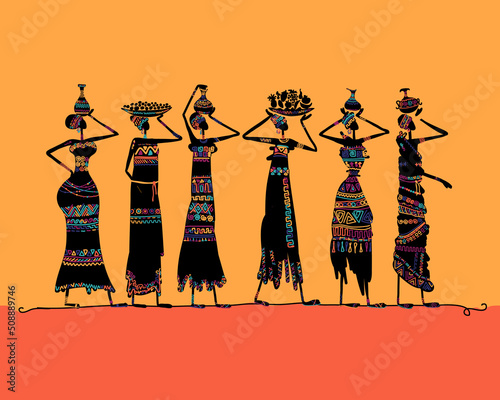 African women with jugs and food, wearing ethnic dresses. Art silhouette for your design