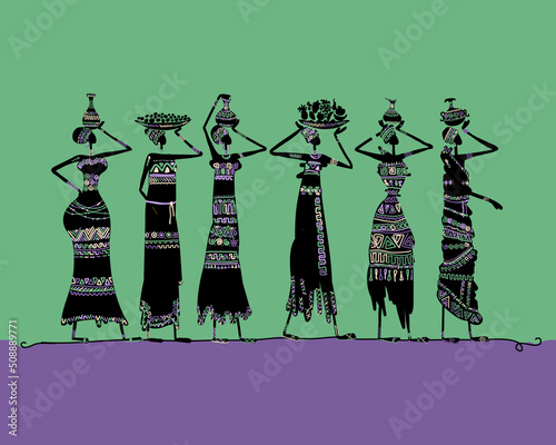 African women with jugs and food, wearing ethnic dresses. Art silhouette for ...