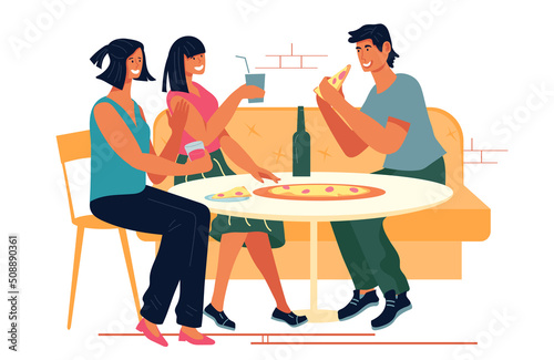 Men and women eating pizza in Pizzeria cafe or fast food restaurant, flat vector illustration isolated on white background. Friends chatting sitting at table with pizza.