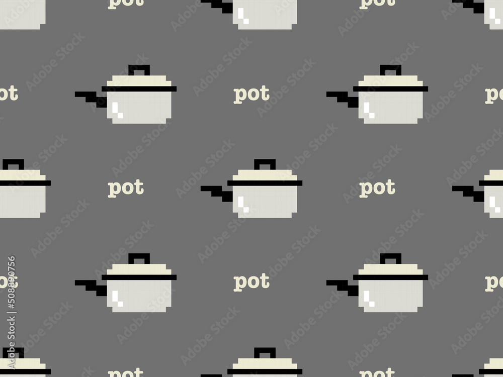 Pot cartoon character seamless pattern on gray background. Pixel style.. Pot cartoon character seamless pattern on gray background. Pixel style..