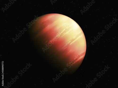 Bright giant planet has a thick atmosphere. Realistic distant exoplanet. View from space.