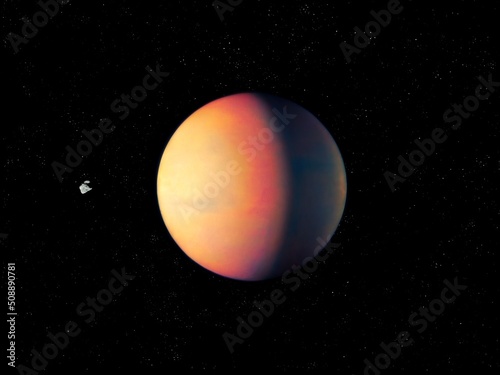 Extrasolar planet in space, cosmic landscape, satellite of the planet. Exoplanet with asteroid.