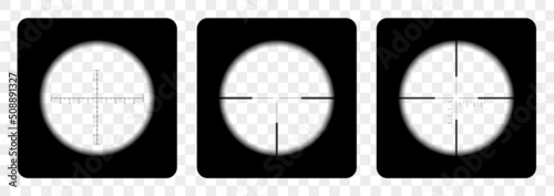 Set of realistic sniper or hunting rifle sights with crosshairs on transparent background, vector