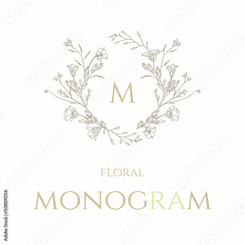 Floral monogram frame. Hand drawn wreath of wildflowers.