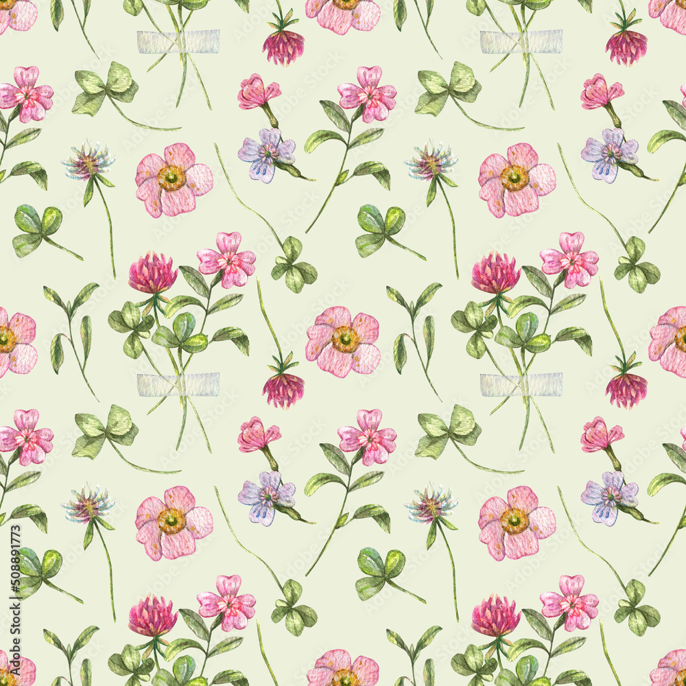 Seamless pattern with wild flowers painted in watercolor. Clover and other wildflower textures. Background for fashion fabric, home textile, wrapping paper, garden decor