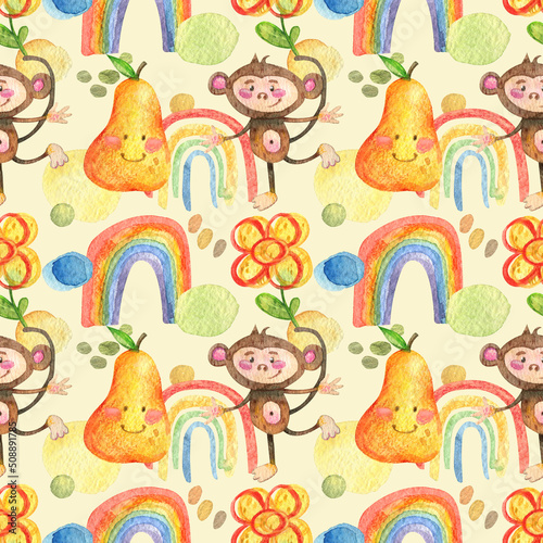 Stylish seamless pattern with watercolor blots  rainbows and hand drawn  cheerful pear and monkey. minimalistic aquarium abstract background
