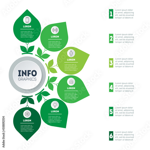 Infographic or Agro Business presentation of 6 parts. Dynamic infographics or mind map of eco technology or education process with six steps. Template of a chart, mind map or diagram.