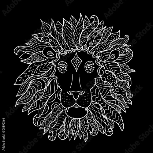 Hand drawn outline lion head decorated with abstract doodle zentangle ornamen...