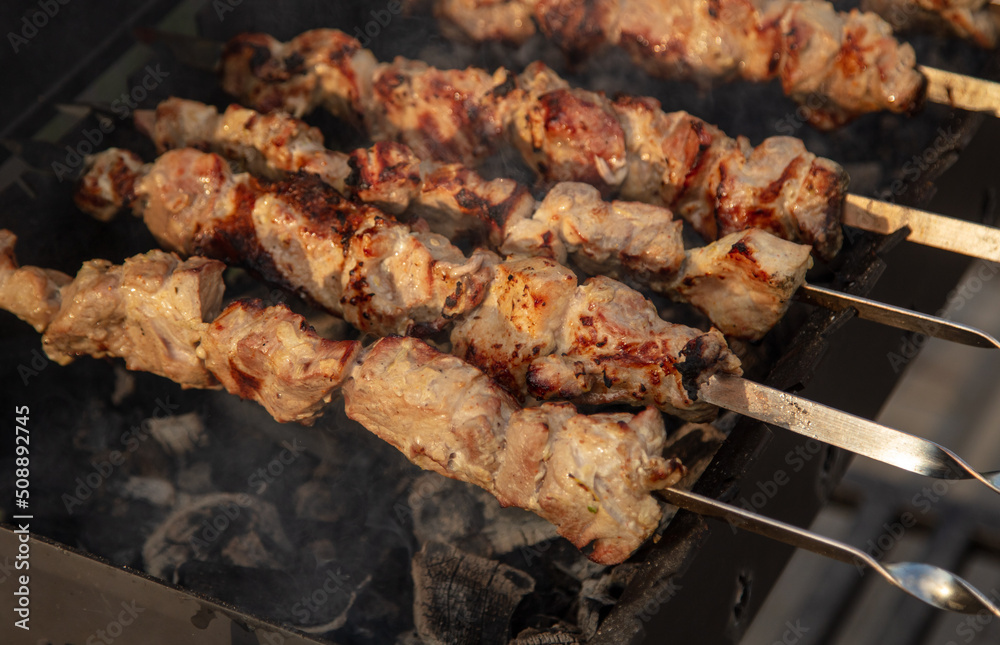 Meat is fried on coals in a brazier. Meat is fried on coals in a brazier.