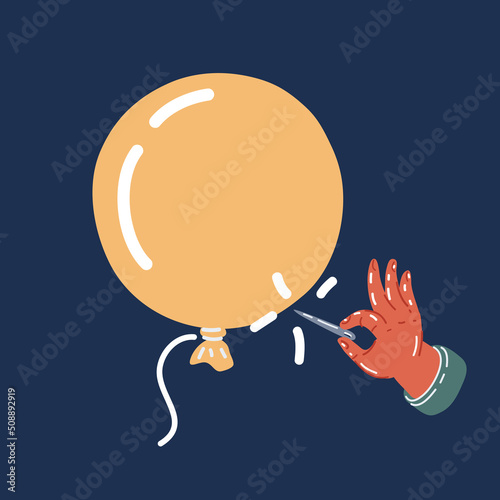 Cartoon vector illustration of air balloon. Man hold needle directed to air balloon. Concept of risk.
