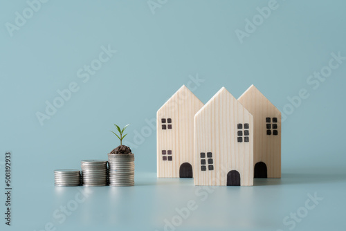 Wooden house with plant growing step by step as money or interest 