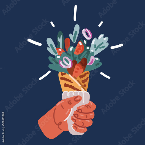 Cartoon vector illustration of hands with tasty doner kebab