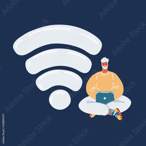 Cartoon vector illustration of man in free internet zone working on laptops sitting on a big wifi sign. Free wifi hotspot, wifi bar, public assess zone, portable device concept.