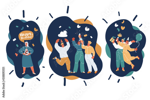 Cartoon vector illustration of Set of happy cartoon people having fun at birthday party. Concept of friends characters celebrating holiday isolated. Collection of smiling festive man and woman