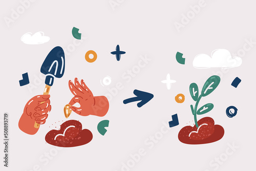  artoon illustration of Woman putting pea into fertile soil. Vegetable seed planting