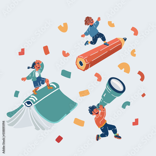  artoon illustration of kids fly up to sky. Student and education concept.
