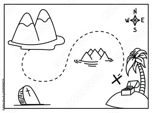 Pirate map with route to treasure island.