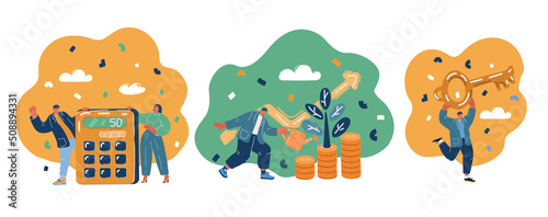 Vector illustration of. Calculate, money making. Key of Business and smart solutions. People. Man and woman work in team