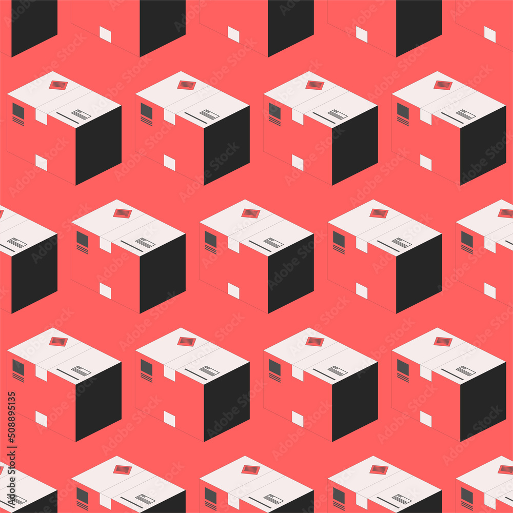 Fototapeta premium Seamless pattern of parcels boxes on a red background. Isometric vector illustration
