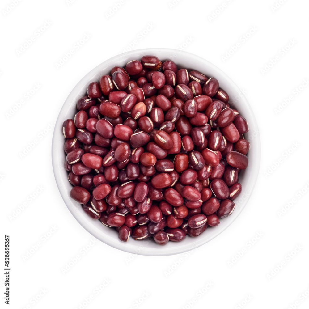 Red bean seeds in a white cup isolated on white background. Top view Red bean seeds in a white cup isolated on white background. Top view