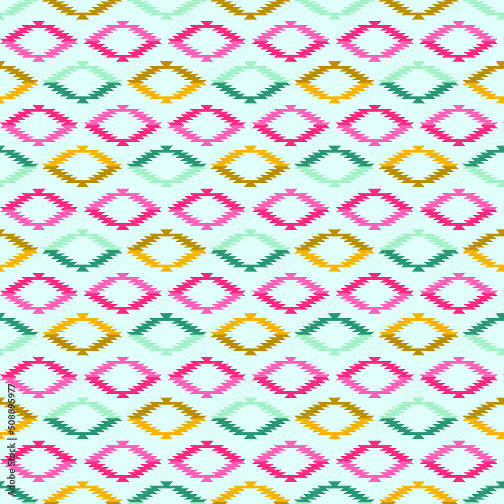 colorful tribal print with blue background seamless repeat pattern