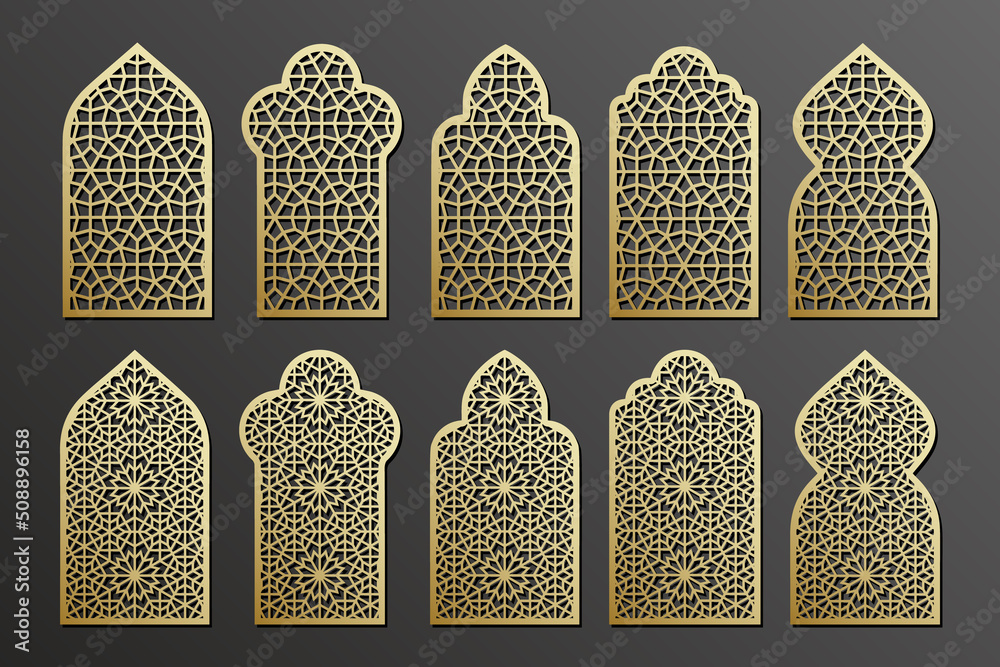 Arabian window with traditional ornament, grating laser cut templates set. - obrazy, fototapety, plakaty 