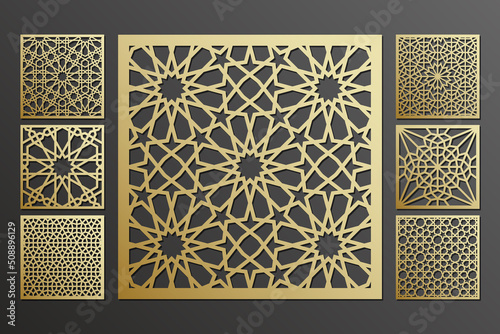 Arabian ornamental panel set, grill laser cut template, vector.
