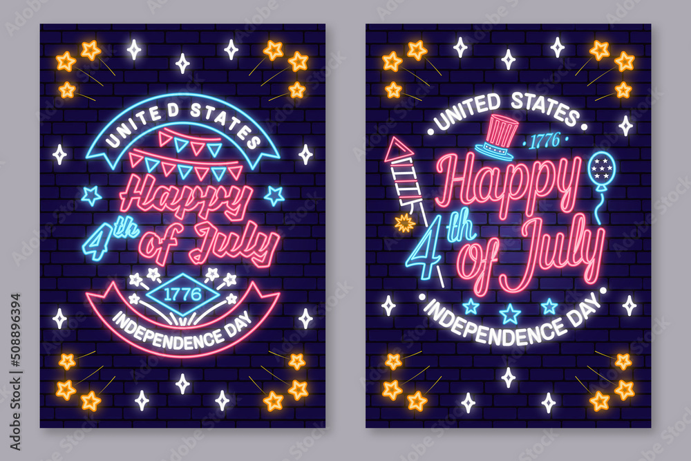 Obraz premium Vintage 4th of july design in retro style. Vector Fourth of July felicitation neon sign. Night bright signboard. Independence day glowing light banner. Patriotic banner for website template.