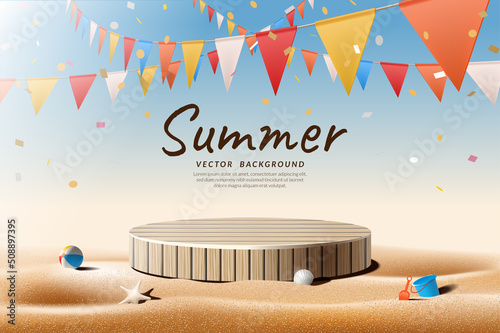Wooden stage on beach concept daytime party design for product display. Vector illustration