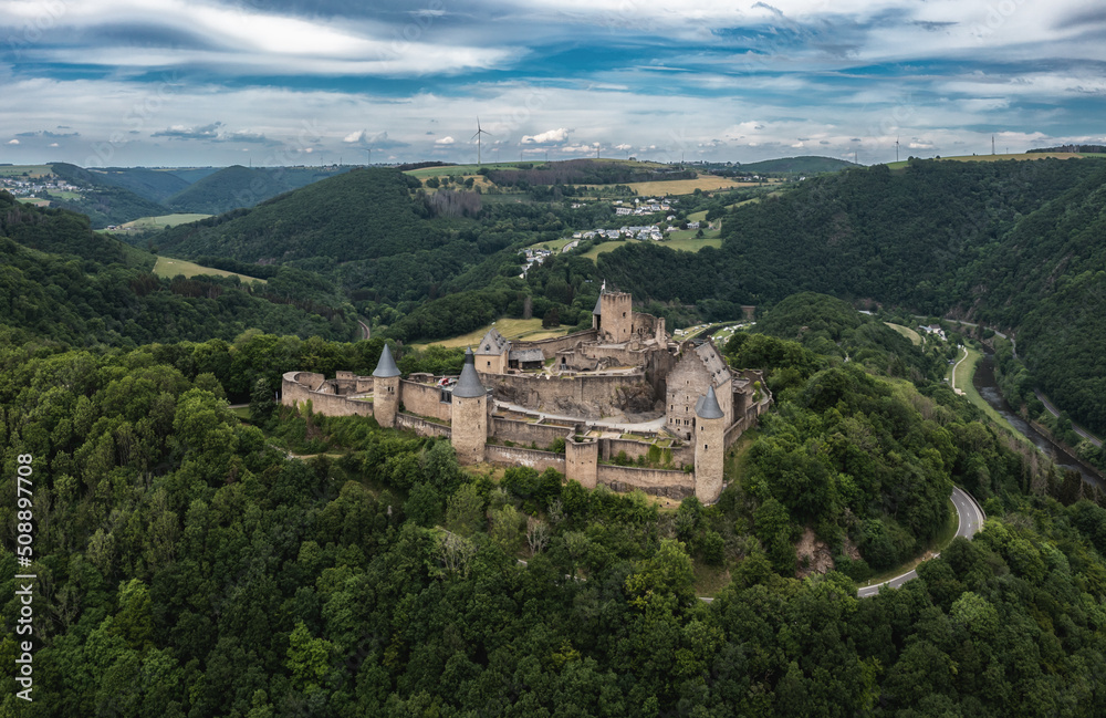 drone view of the historic 11th-century Bourscheid Castle in northern Luxembourg
