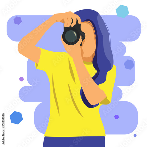 Young Fashionable Woman photographer holds a camera and takes a picture. Tourist, blogger or journalist. Girl Character. Vector flat illustration Isolated on White Background