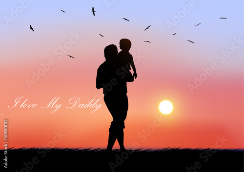Graphics Design Father holding the young on hands with landscape view outdoor of sunset with grass on the ground for greeting card vector illustration