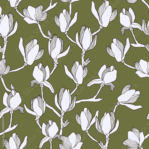 Floral vector background. Hand drawn flowers. Painted magnolia blossom seamless pattern, branches, flowers, leaves and buds. Modern fashion fabric print.