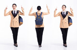 Full length 20s young Mix Race Woman business salesman backpacks, Pointing finger up in Air,
