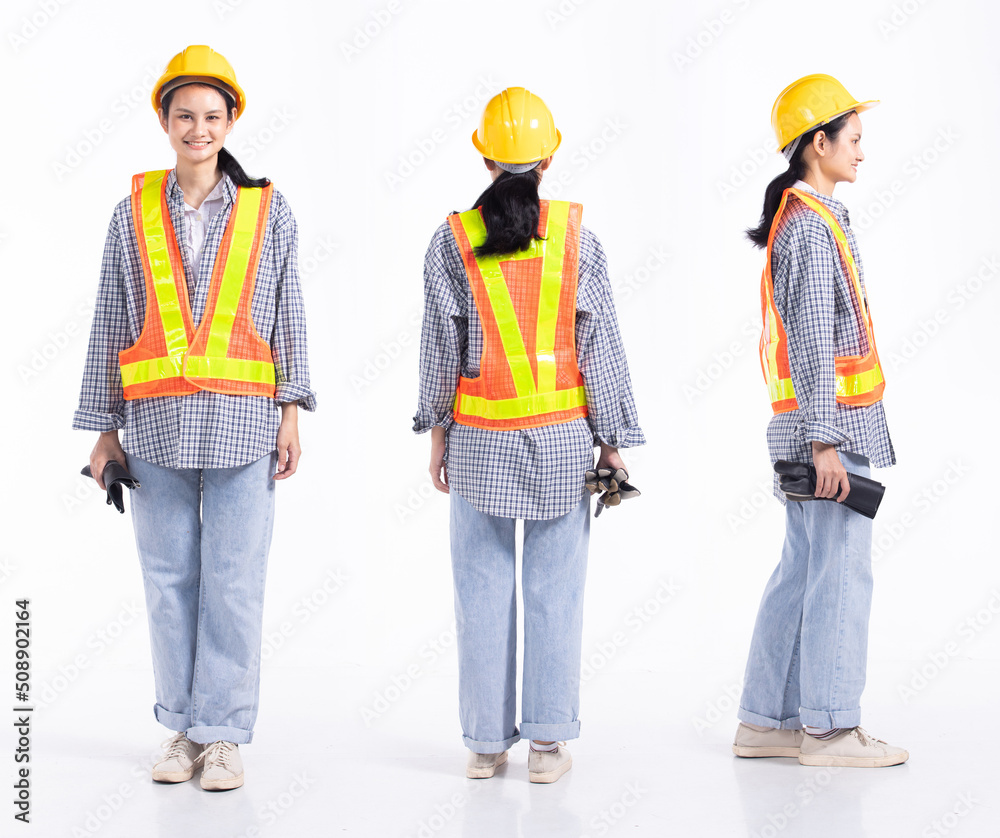 Full length 20s young Mix Race engineer contractor Woman, 360 front side rear back view Full length 20s young Mix Race engineer contractor Woman, 360 front side rear back view