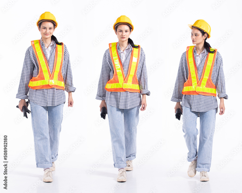 Full length 20s young Mix Race engineer contractor Woman, walking forward left right Full length 20s young Mix Race engineer contractor Woman, walking forward left right