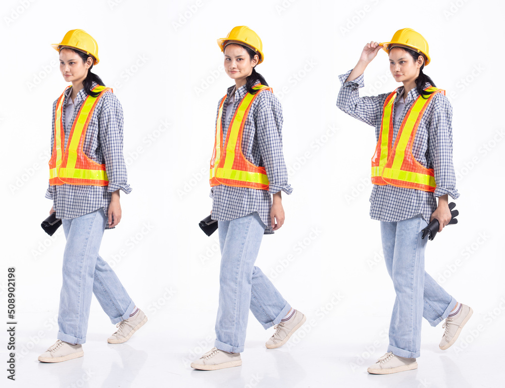 © Jade - Full length 20s young Mix Race engineer contractor Woman, walking forward left right