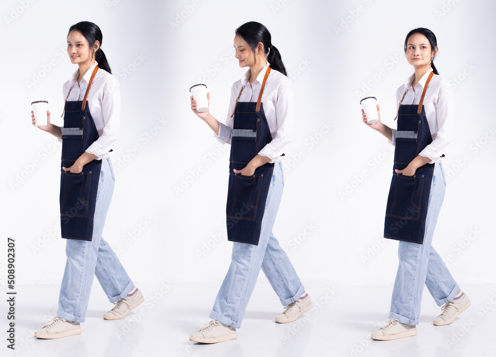 Full length 20s young Mix Race Barista shop restaurant Woman, walking forward left right Full length 20s young Mix Race Barista shop restaurant Woman, walking forward left right