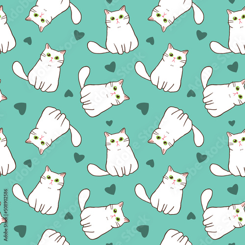 Seamless Pattern with Cartoon White Cat and Heart Design on Green Background