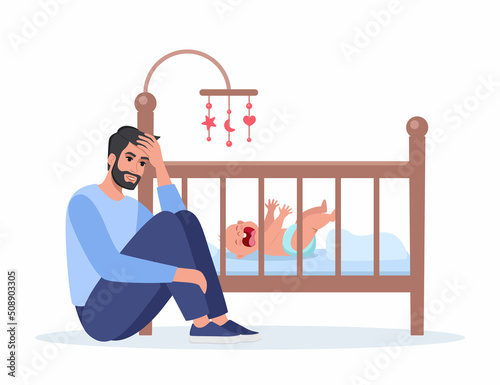 Young tired dad at night with baby crying on crib. Unhappy daddy, exhausted and stressed, next to the newborn's crib. Child is crying hysterically and pulling up the handles. Vector illustration.