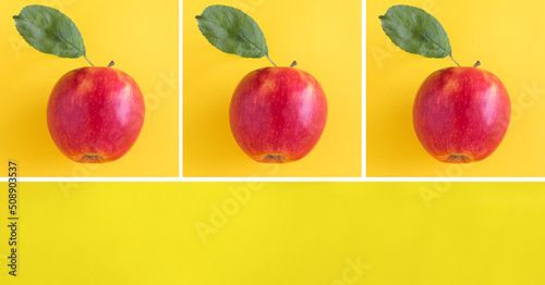 Collage of red apple on a yellolw background. Copy space. Flat lay. photo