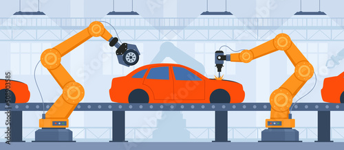 Process of automated car production. Wehicle parts on the machinery line with robotic hands. Assembly line at an automobile factory. Vector illustration.
